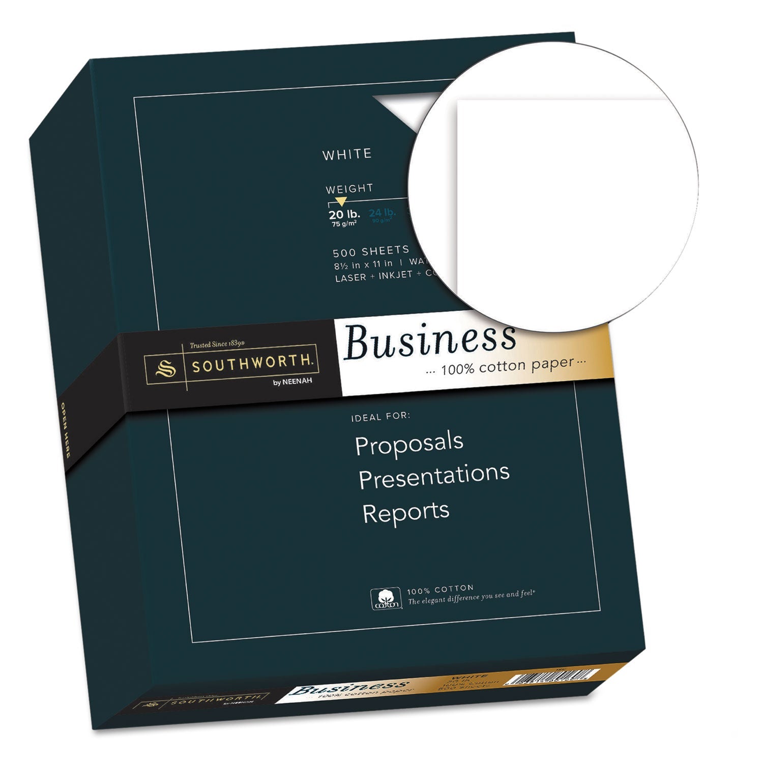 Southworth 100% Cotton Business Paper, 95 Bright, 20 lb Bond Weight, 8.5 x 11, White, 500/Ream