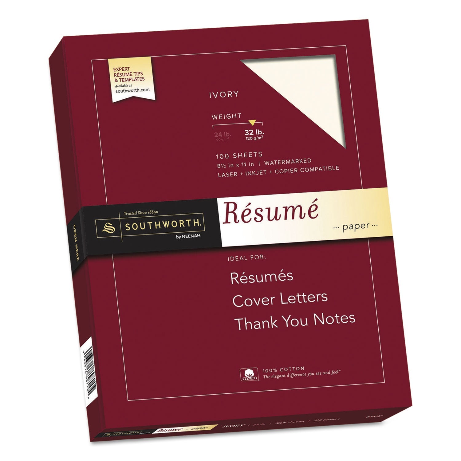 Southworth 100% Cotton Resume Paper, 32 lb Bond Weight, 8.5 x 11, Ivory, 100/Pack