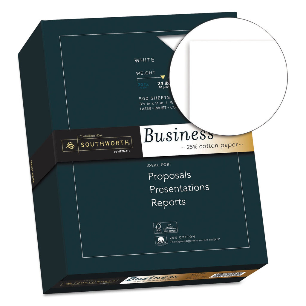 Southworth 25% Cotton Business Paper, 95 Bright, 24 lb Bond Weight, 8.5 x 11, White, 500 Sheets/Ream