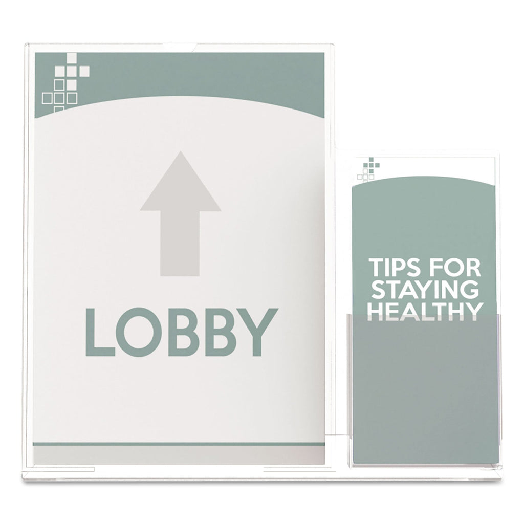 deflecto Superior Image Slanted Sign Holder with Side Pocket, 13.5w x 4.25d x 10.88h, Clear