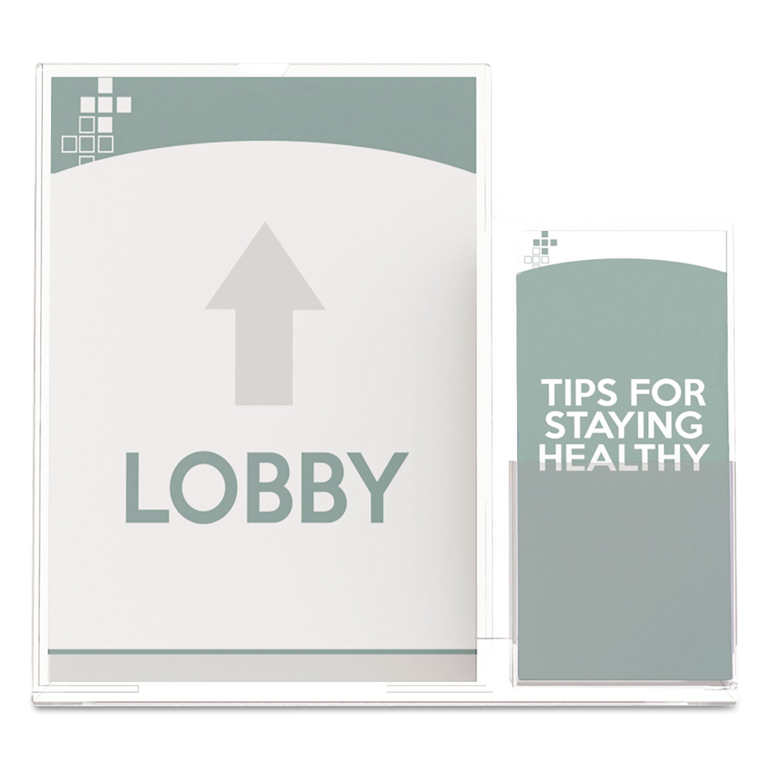 deflecto Superior Image Slanted Sign Holder with Side Pocket, 13.5w x 4.25d x 10.88h, Clear