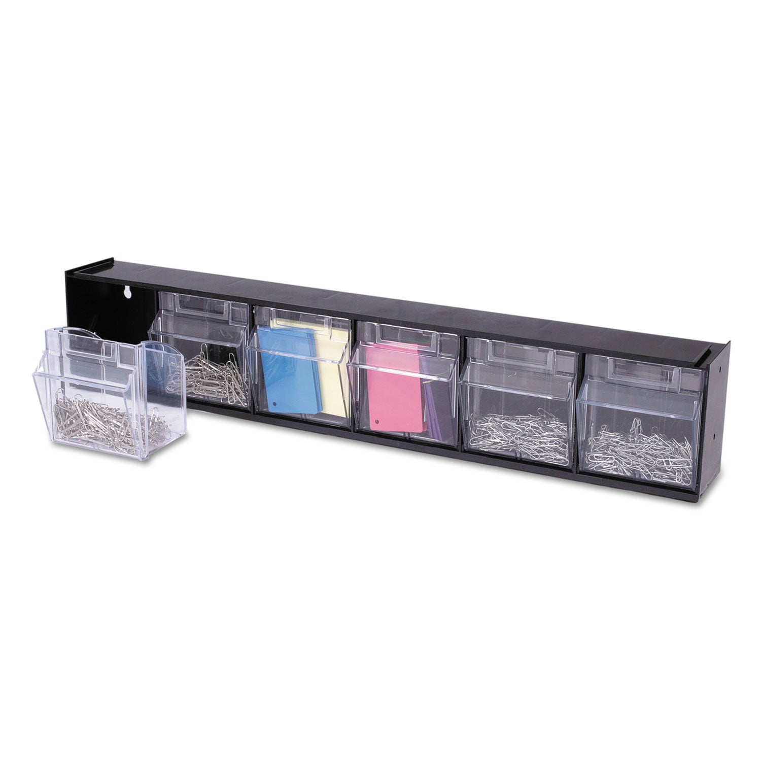 deflecto Tilt Bin Interlocking Multi-Bin Storage Organizer, 6 Sections, 23.63" x 3.63" x 4.5", Black/Clear