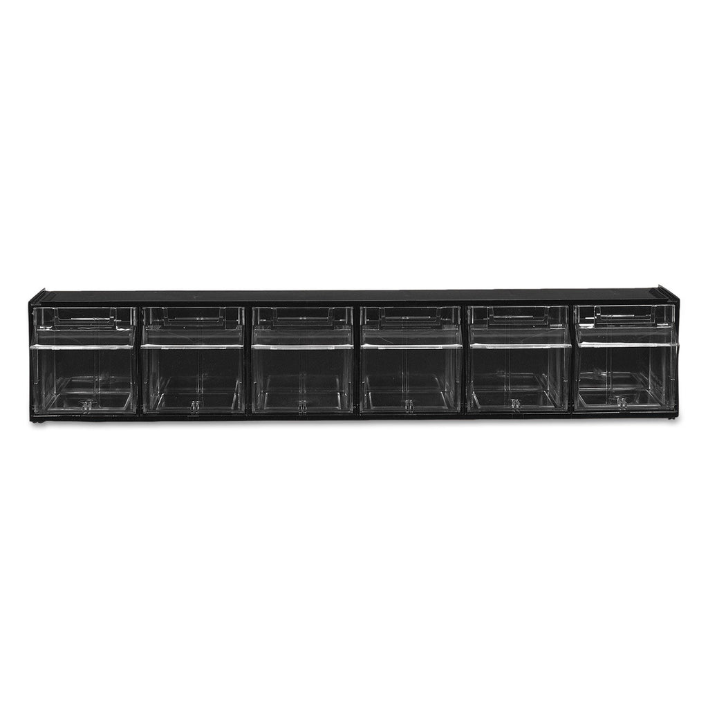 deflecto Tilt Bin Interlocking Multi-Bin Storage Organizer, 6 Sections, 23.63" x 3.63" x 4.5", Black/Clear