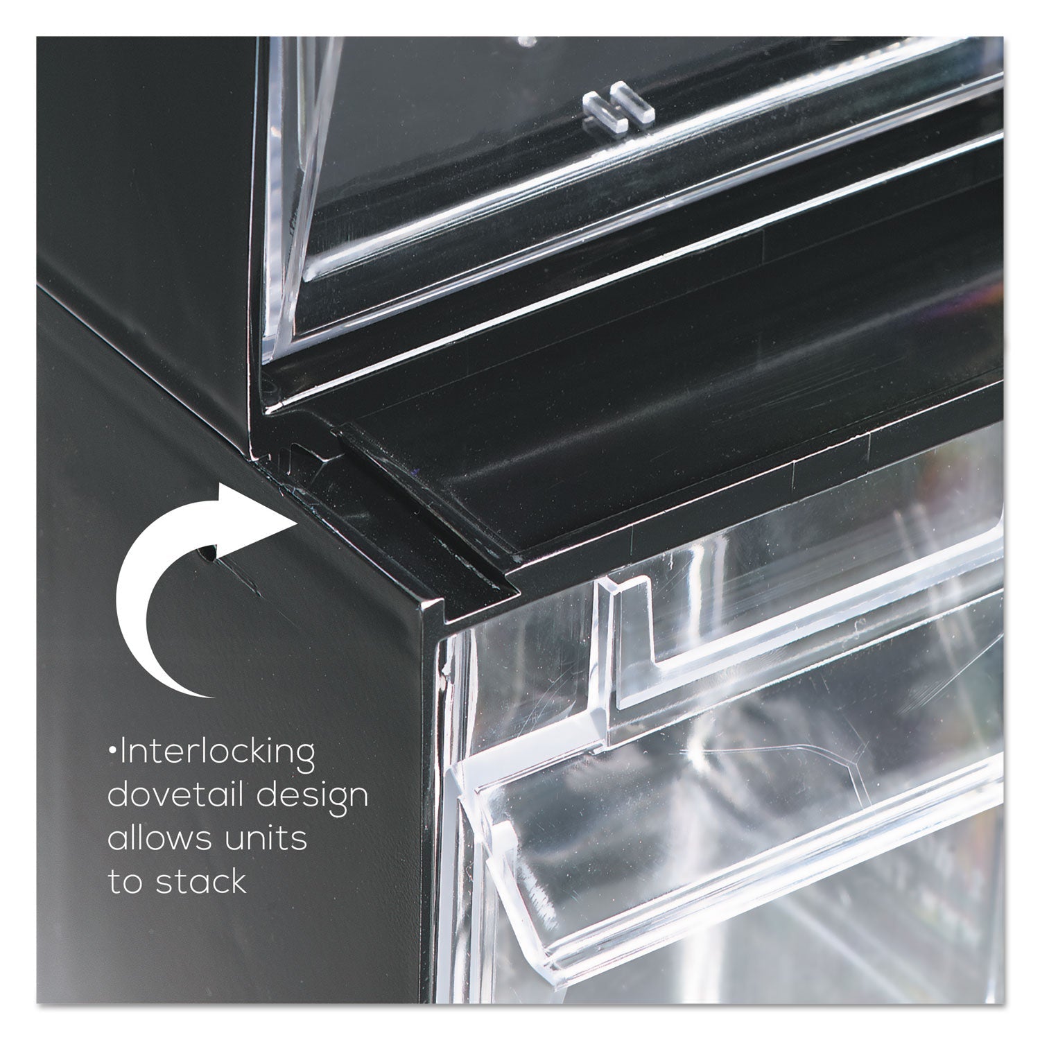 deflecto Tilt Bin Interlocking Multi-Bin Storage Organizer, 3 Sections, 23.63" x 7.75" x 9.5", Black/Clear
