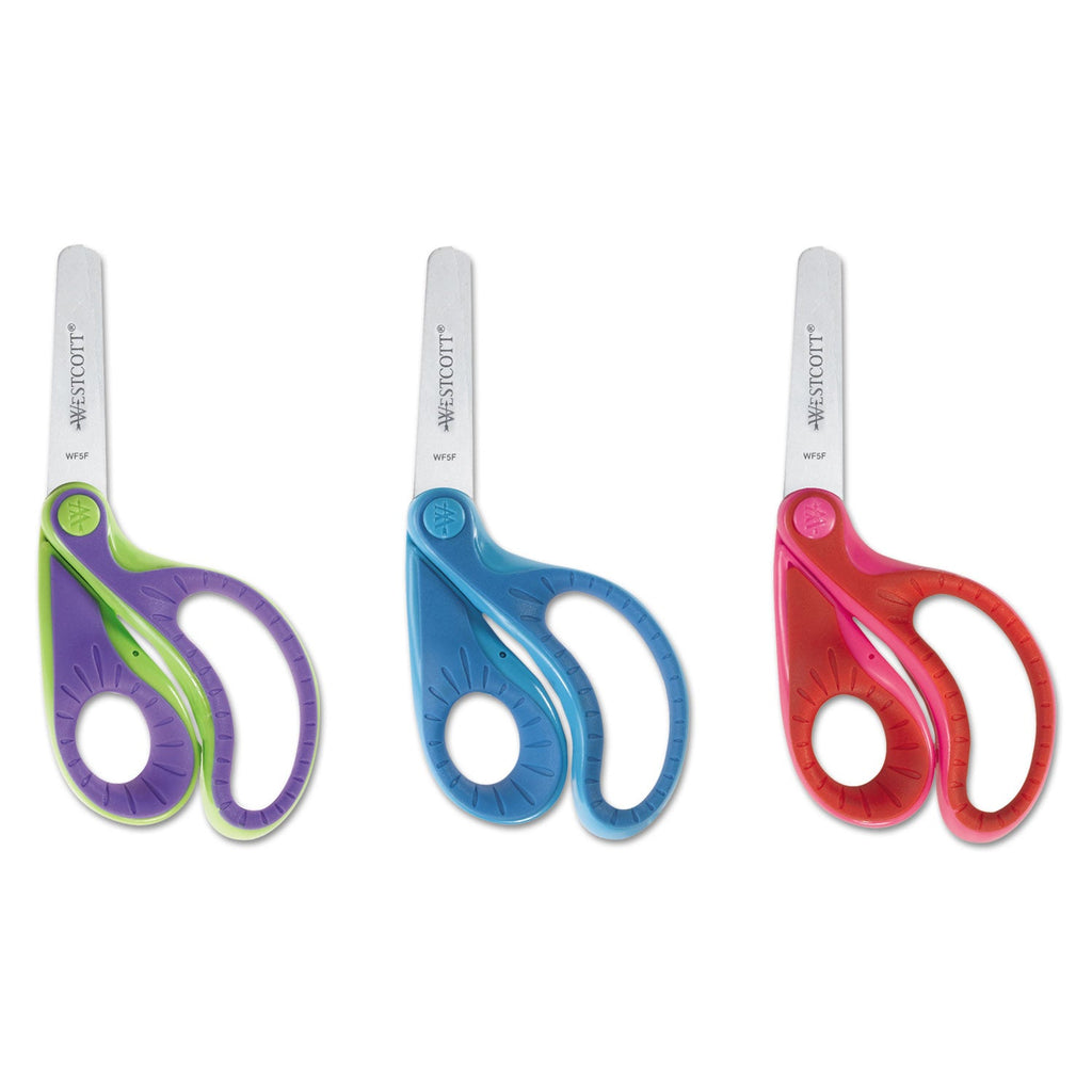 Westcott Ergo Jr. Kids' Scissors, Rounded Tip, 5" Long, 1.5" Cut Length, Randomly Assorted Offset Handles