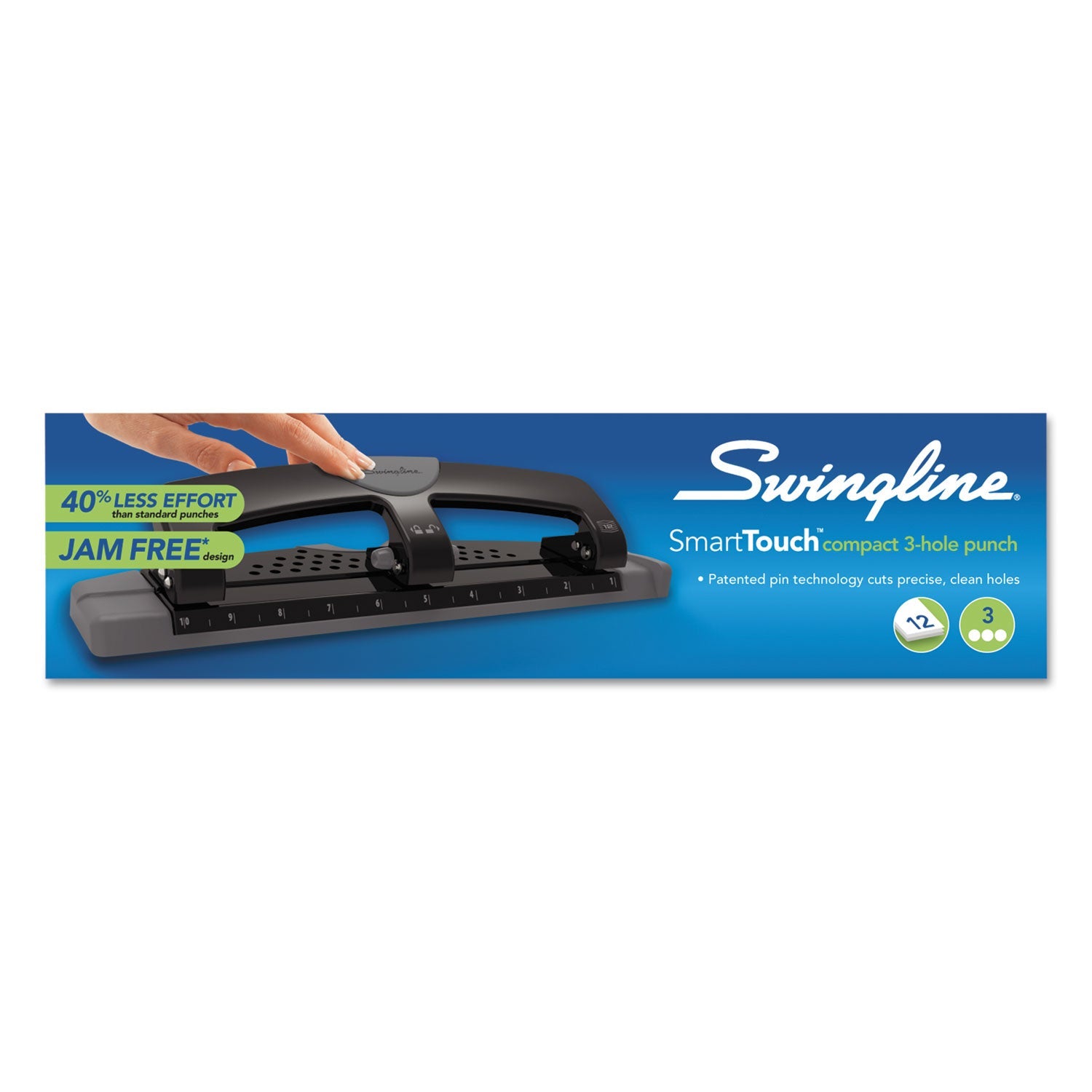 Swingline 12-Sheet SmartTouch Three-Hole Punch, 9/32" Holes, Black/Gray