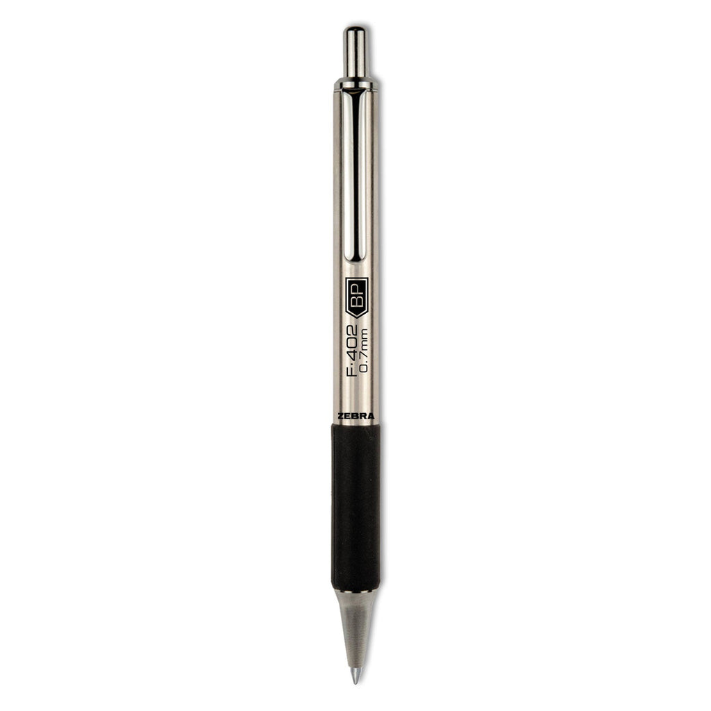 Zebra F-402 Ballpoint Pen, Retractable, Fine 0.7 mm, Black Ink, Stainless Steel/Black Barrel