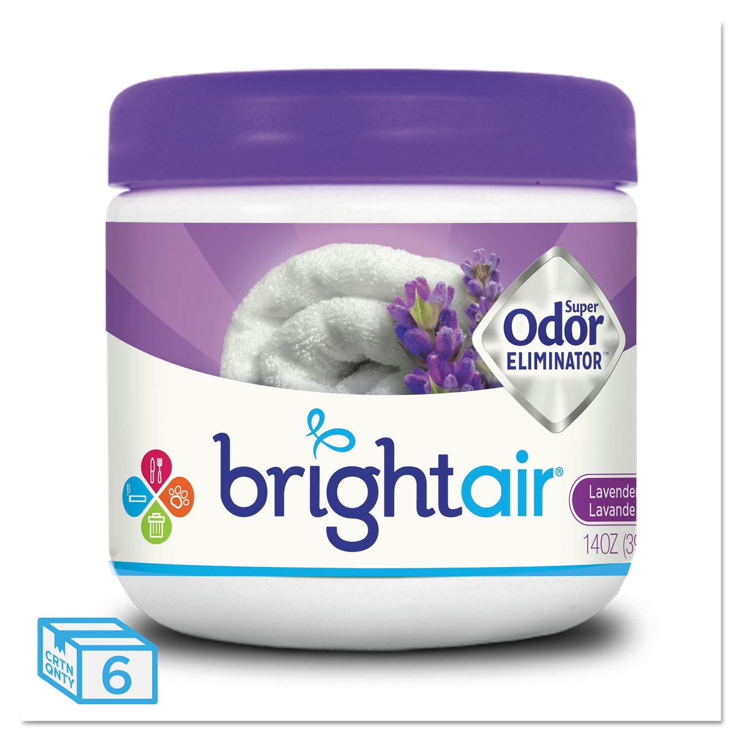 BRIGHT Air Super Odor Eliminator, Lavender and Fresh Linen, Purple, 14 oz Jar, 6/Carton