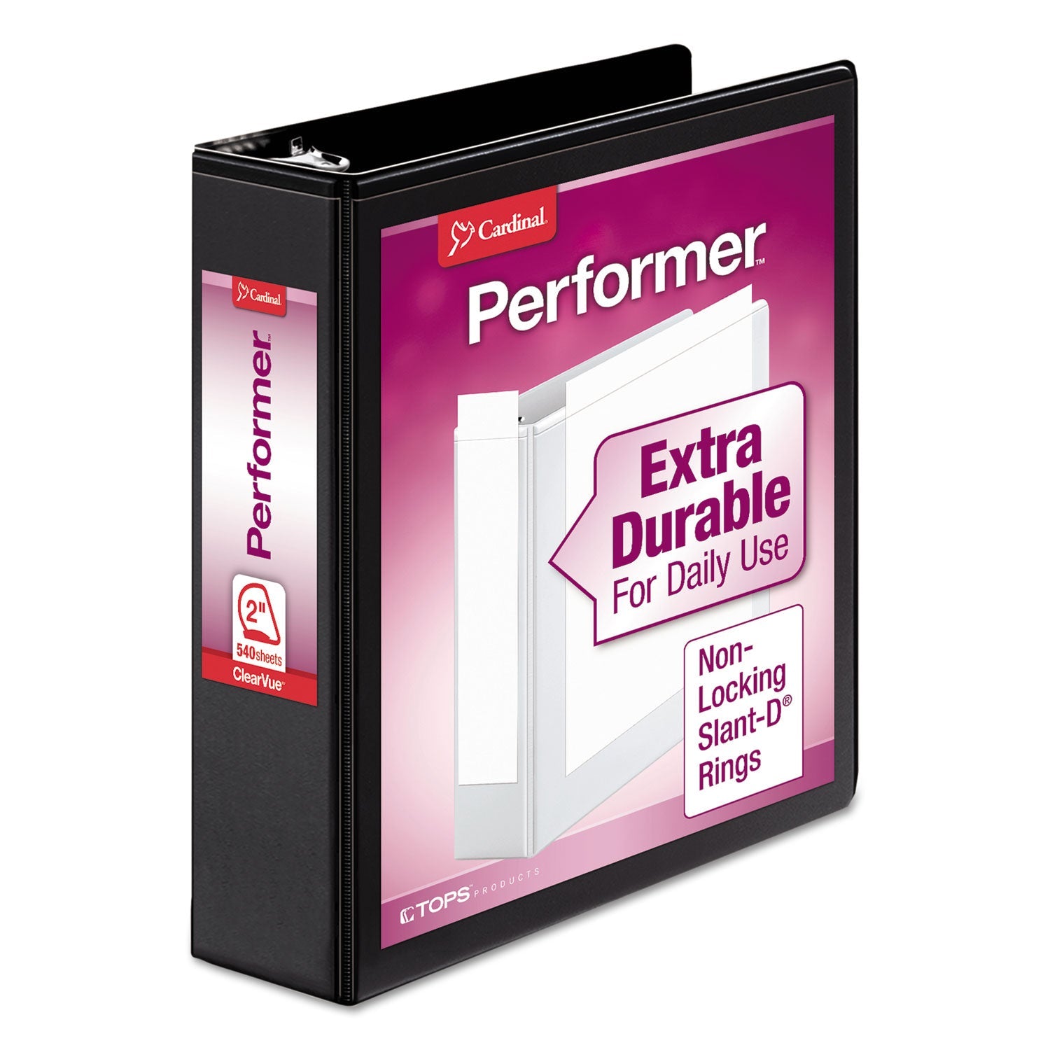 Cardinal Performer ClearVue Slant-D Ring Binder, 3 Rings, 2" Capacity, 11 x 8.5, Black