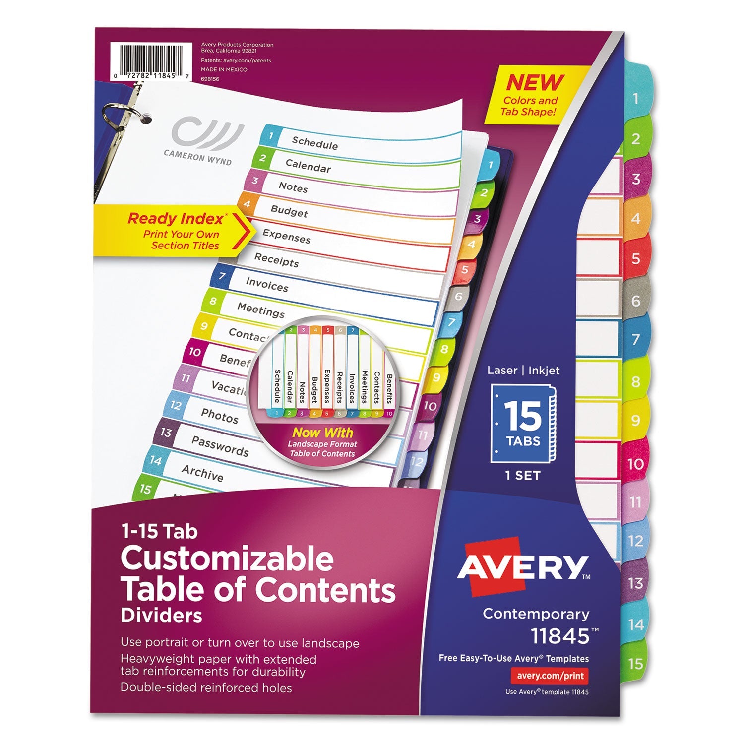 Avery Customizable TOC Ready Index Multicolor Tab Dividers, 15-Tab, 1 to 15, 11 x 8.5, White, Contemporary Color Tabs, 1 Set