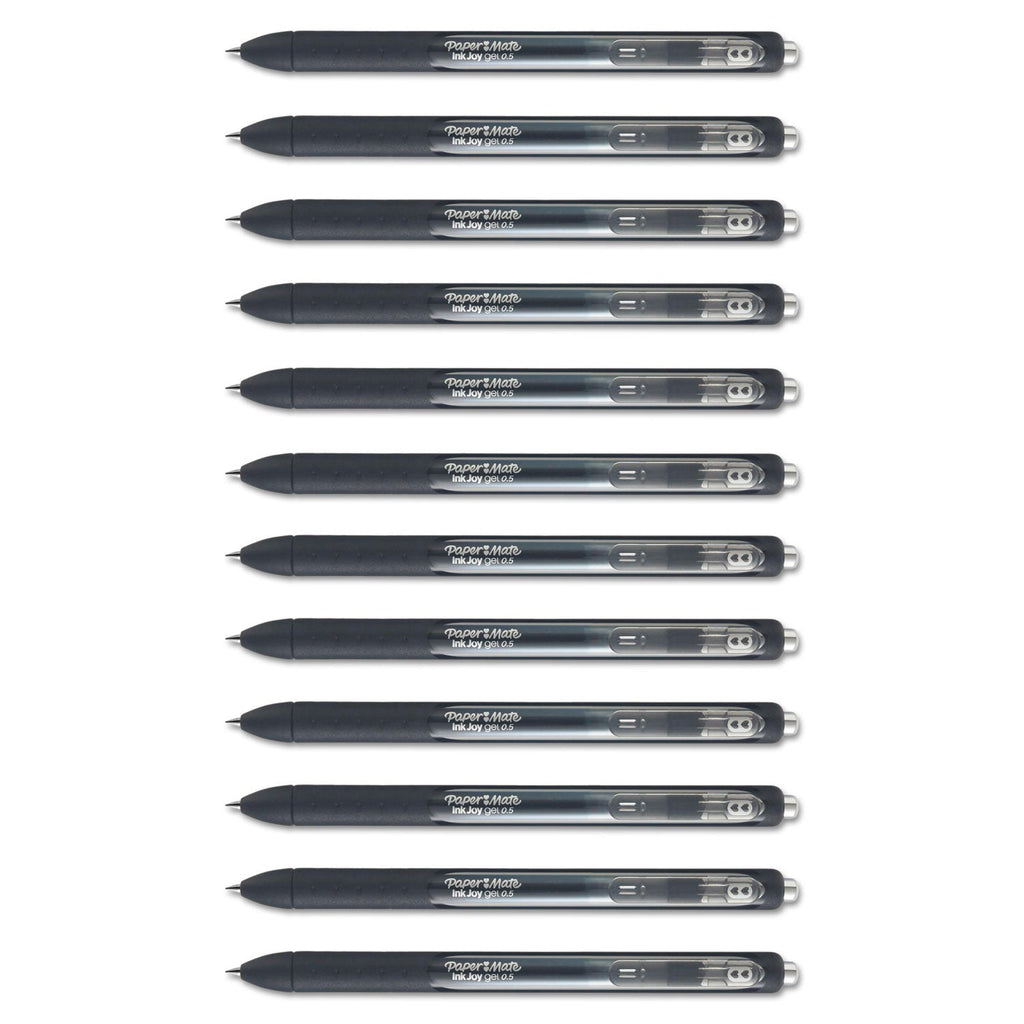 Paper Mate InkJoy Gel Pen, Retractable, Micro 0.5 mm, Black Ink, Black Barrel, Dozen