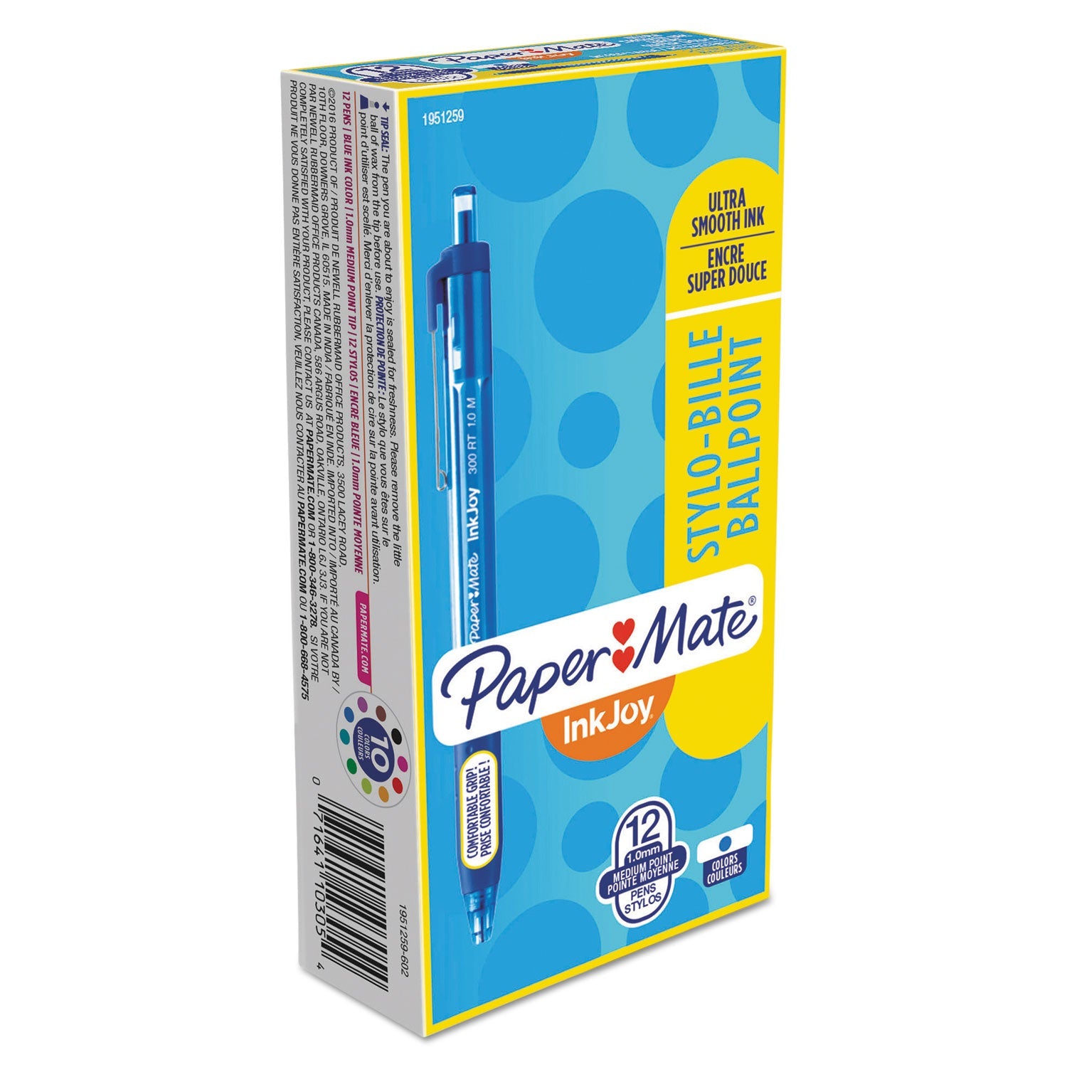 Paper Mate InkJoy 300 RT Ballpoint Pen, Retractable, Medium 1 mm, Blue Ink, Blue Barrel, Dozen