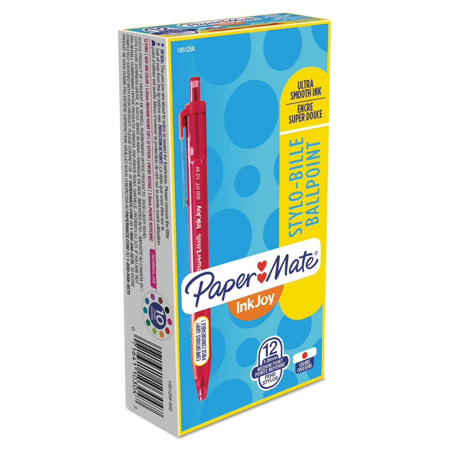 Paper Mate InkJoy 300 RT Ballpoint Pen, Refillable, Retractable, Medium 1 mm, Red Ink, Red Barrel, Dozen