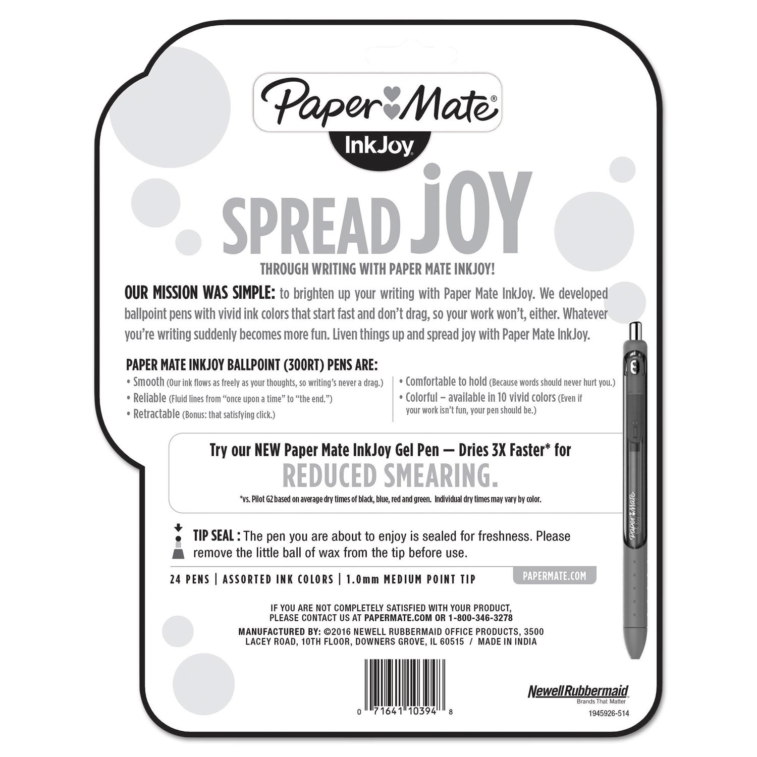 Paper Mate InkJoy 300 RT Ballpoint Pen Retractable, Medium 1 mm, Assorted Ink and Barrel Colors, 24/Pack