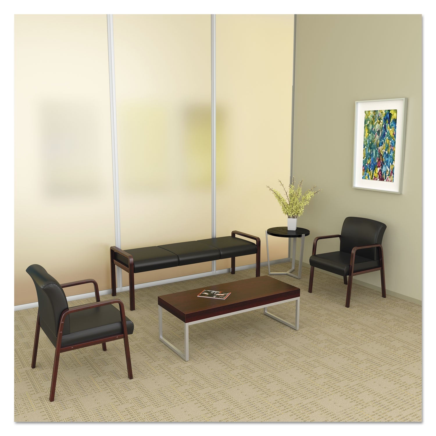 Alera Reception Lounge WL Series Bench, Three-Seater, 65.75w x 22.25d x 22.88h, Black/Mahogany