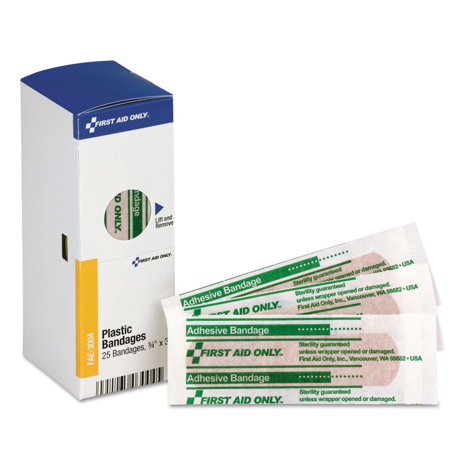 First Aid Only SmartCompliance Plastic Bandages, 0.75 x 3, 25/Box