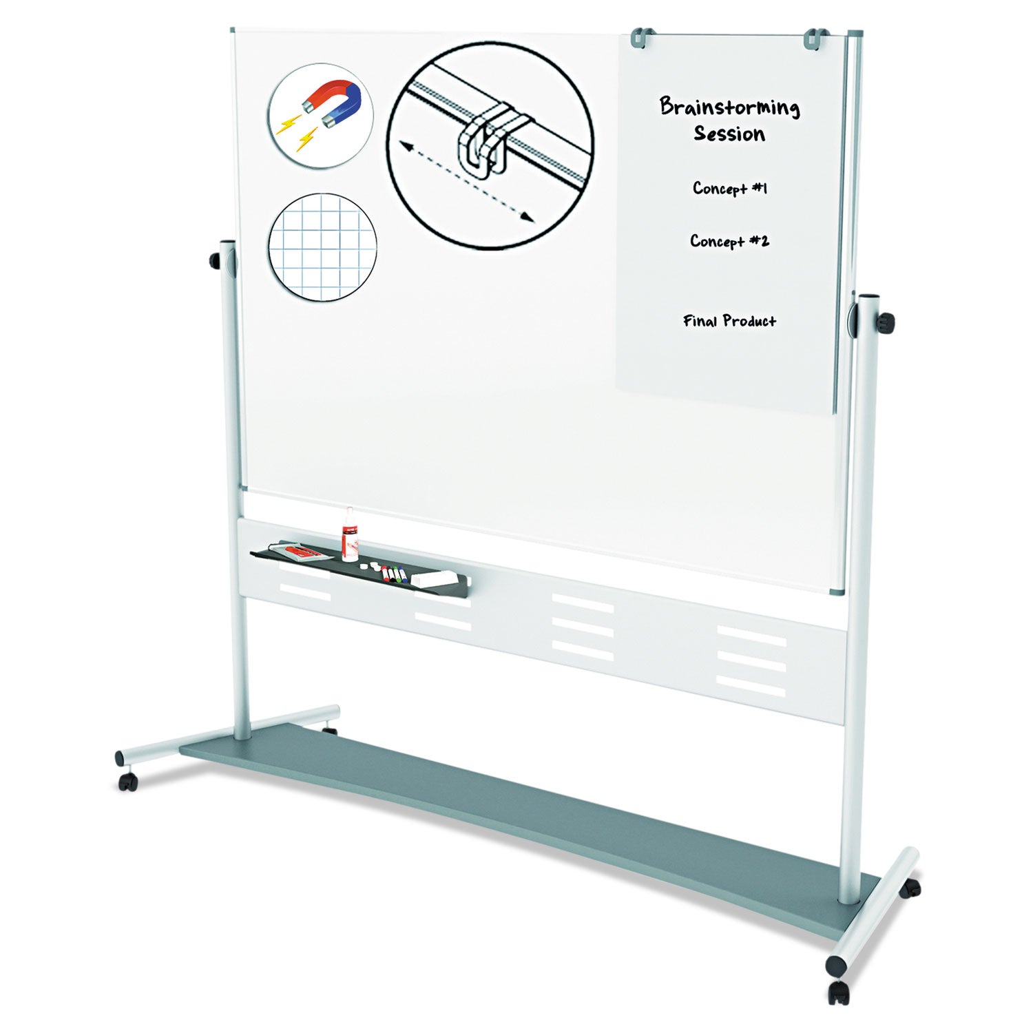 MasterVision Magnetic Reversible Mobile Easel, Horizontal Orientation, 70.8" x 47.2" Board, 80" Tall Easel, White/Silver