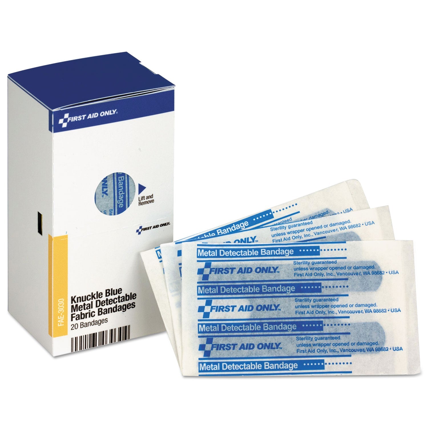 First Aid Only SmartCompliance Blue Metal Detectable Bandages, Knuckle, 1 x 3, 20/Box