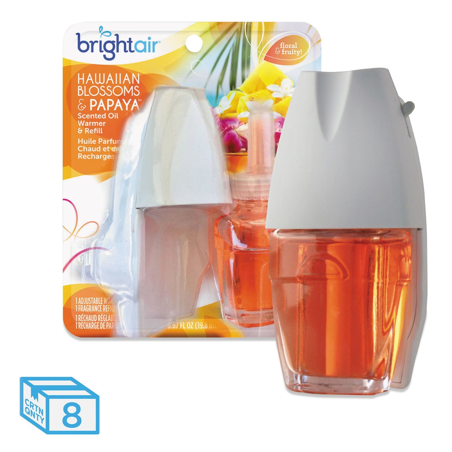 BRIGHT Air Electric Scented Oil Air Freshener Warmer and Refill Combo, Hawaiian Blossoms/Papaya, 0.67 oz, 8/Carton