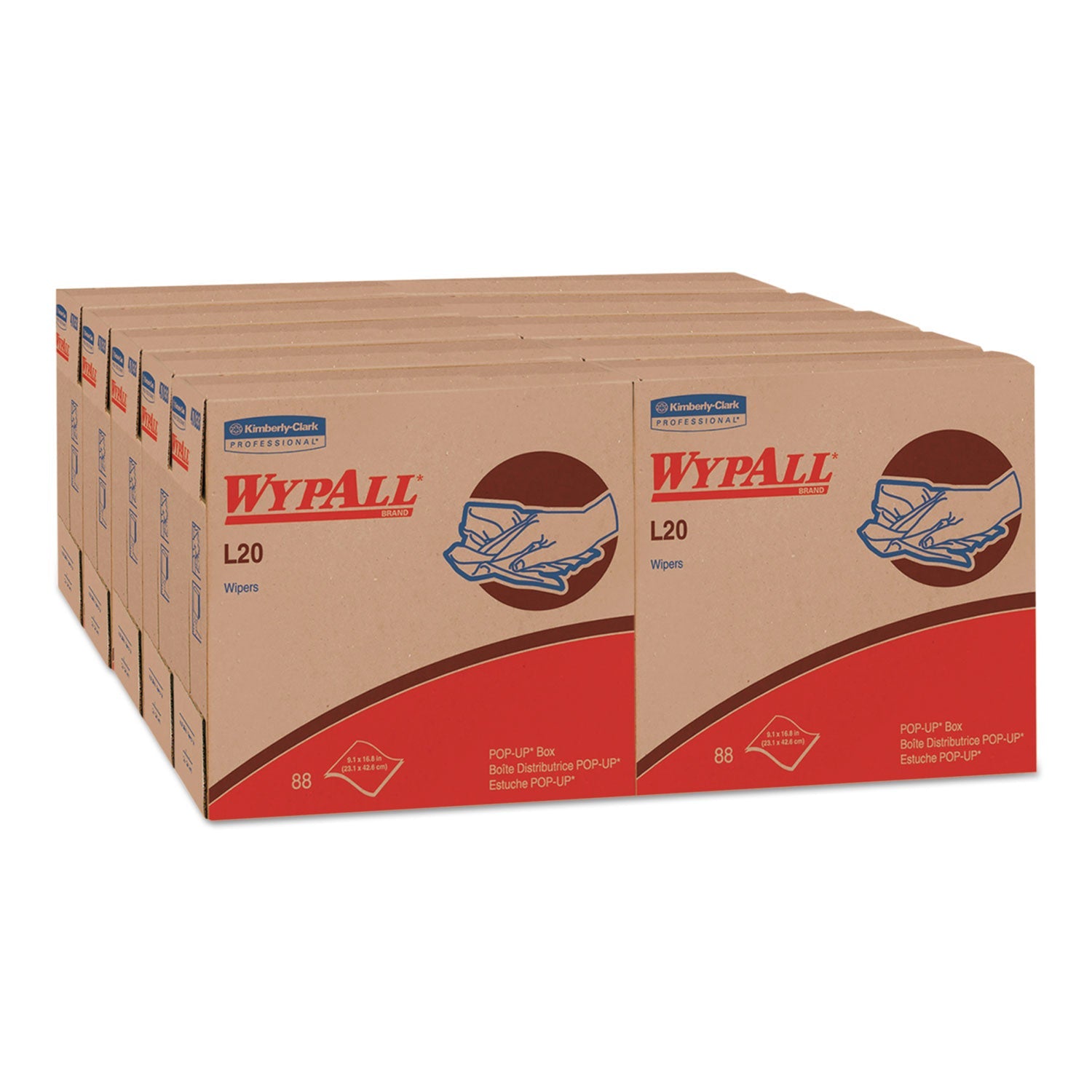WypAll L20 Towels, POP-UP Box, 4-Ply, 9.1 x 16.8, White, 88/Box, 10/Carton