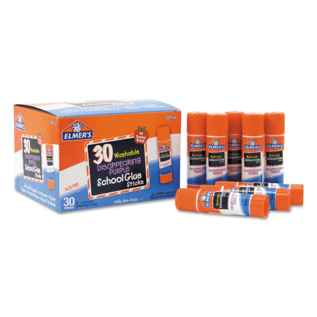 Elmer's Washable School Glue Sticks, 0.24 oz, Applies Purple, Dries Clear, 30/Box
