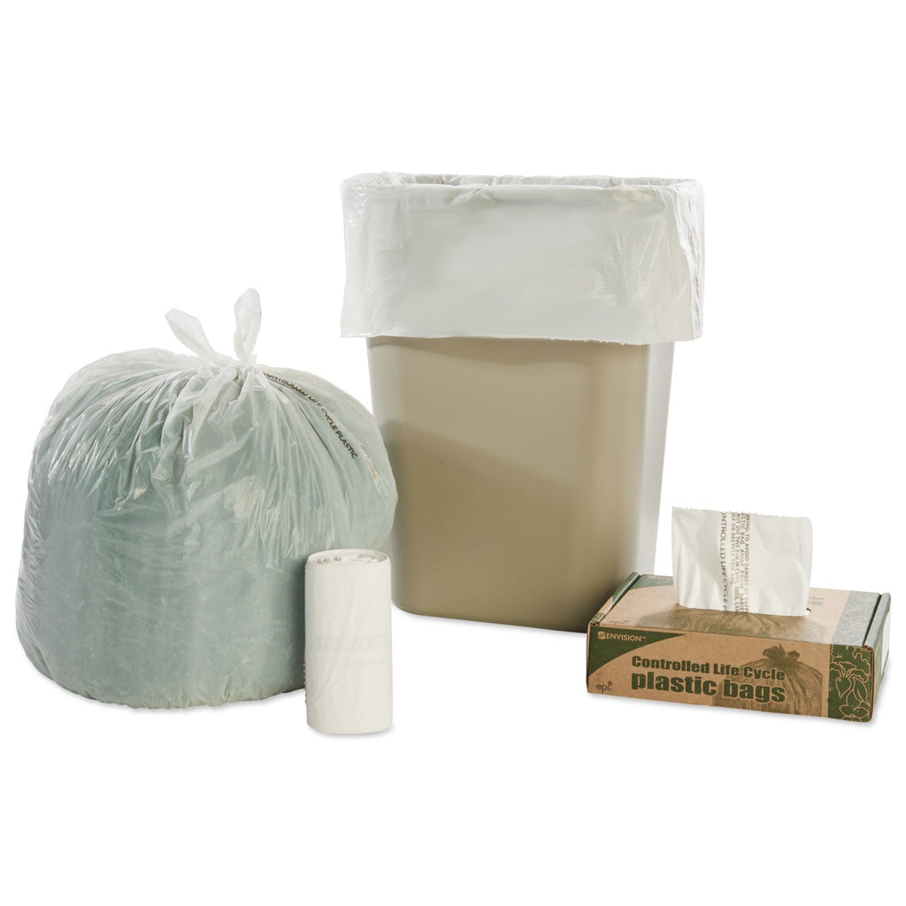 Stout Controlled Life-Cycle Plastic Trash Bags, 13 gal, 0.7 mil, 24" x 30", White, 120/Box