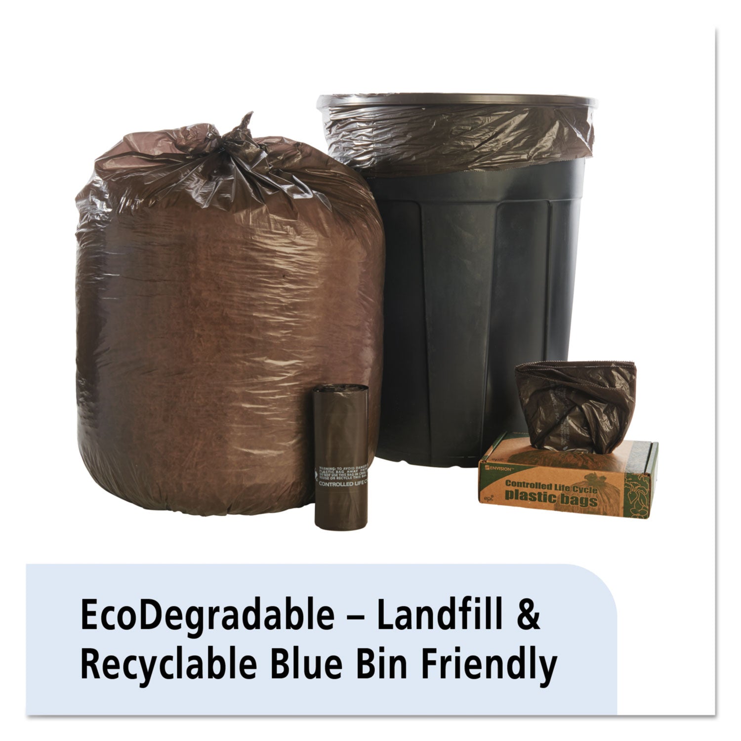 Stout Controlled Life-Cycle Plastic Trash Bags, 30 gal, 0.8 mil, 30" x 36", Brown, 60/Box