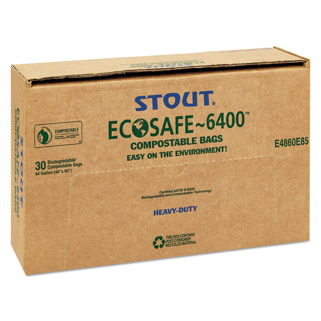 Stout EcoSafe-6400 Bags, 64 gal, 0.85 mil, 48" x 60", Green, 30/Box