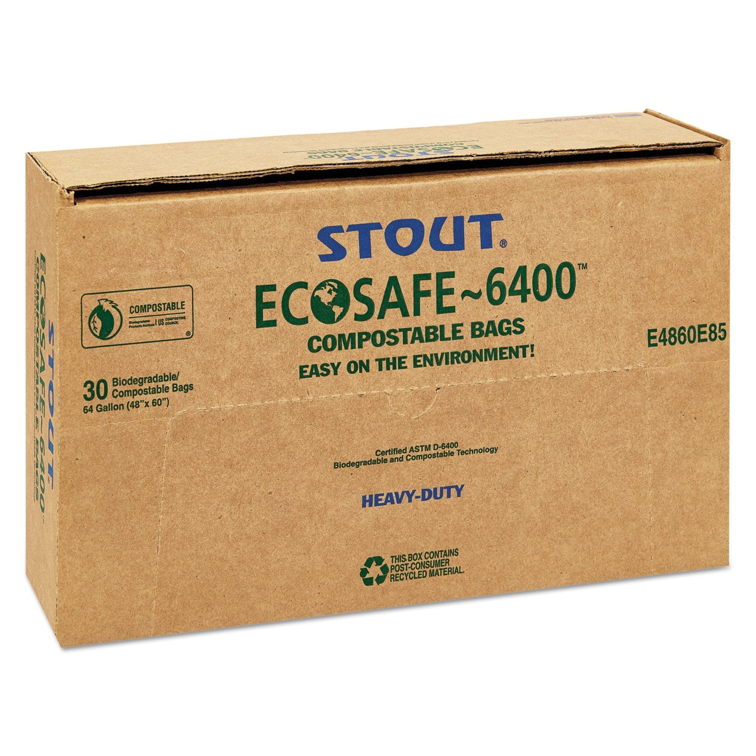 Stout EcoSafe-6400 Bags, 64 gal, 0.85 mil, 48" x 60", Green, 30/Box
