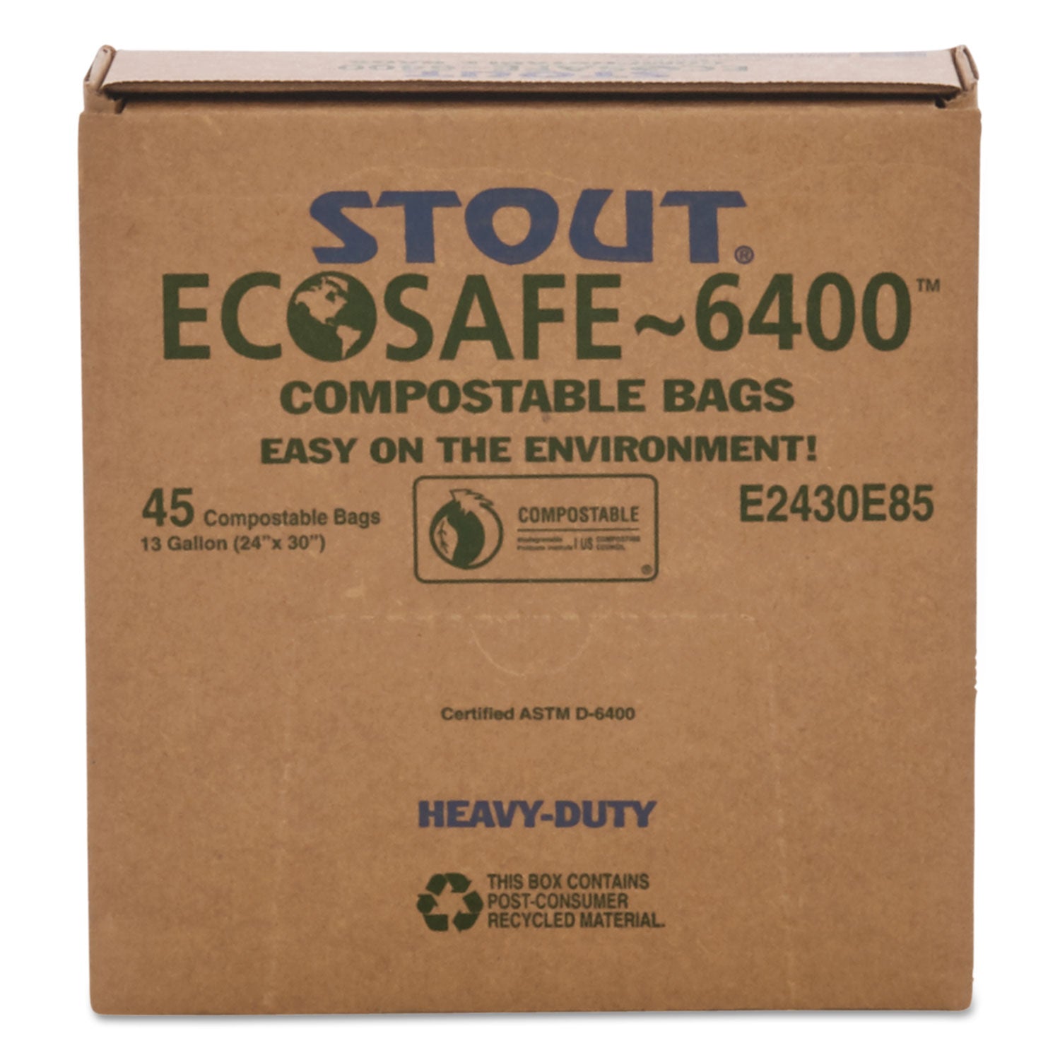 Stout EcoSafe-6400 Bags, 13 gal, 0.85 mil, 24" x 30", Green, 45/Box