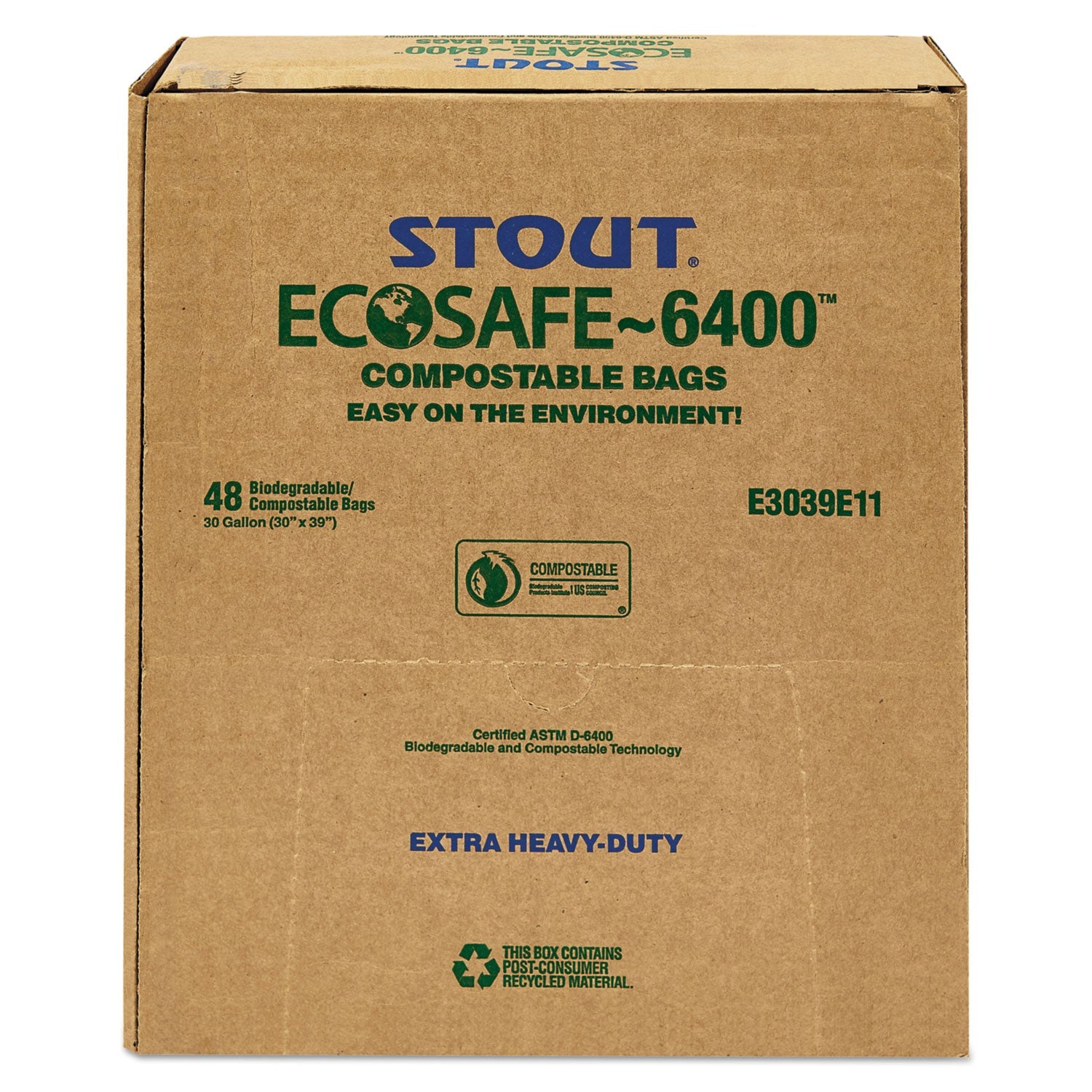 Stout EcoSafe-6400 Bags, 30 gal, 1.1 mil, 30" x 39", Green, 48/Box