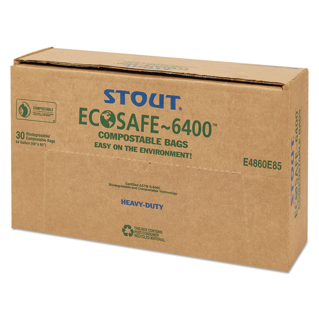 Stout EcoSafe-6400 Bags, 64 gal, 0.85 mil, 48" x 60", Green, 30/Box