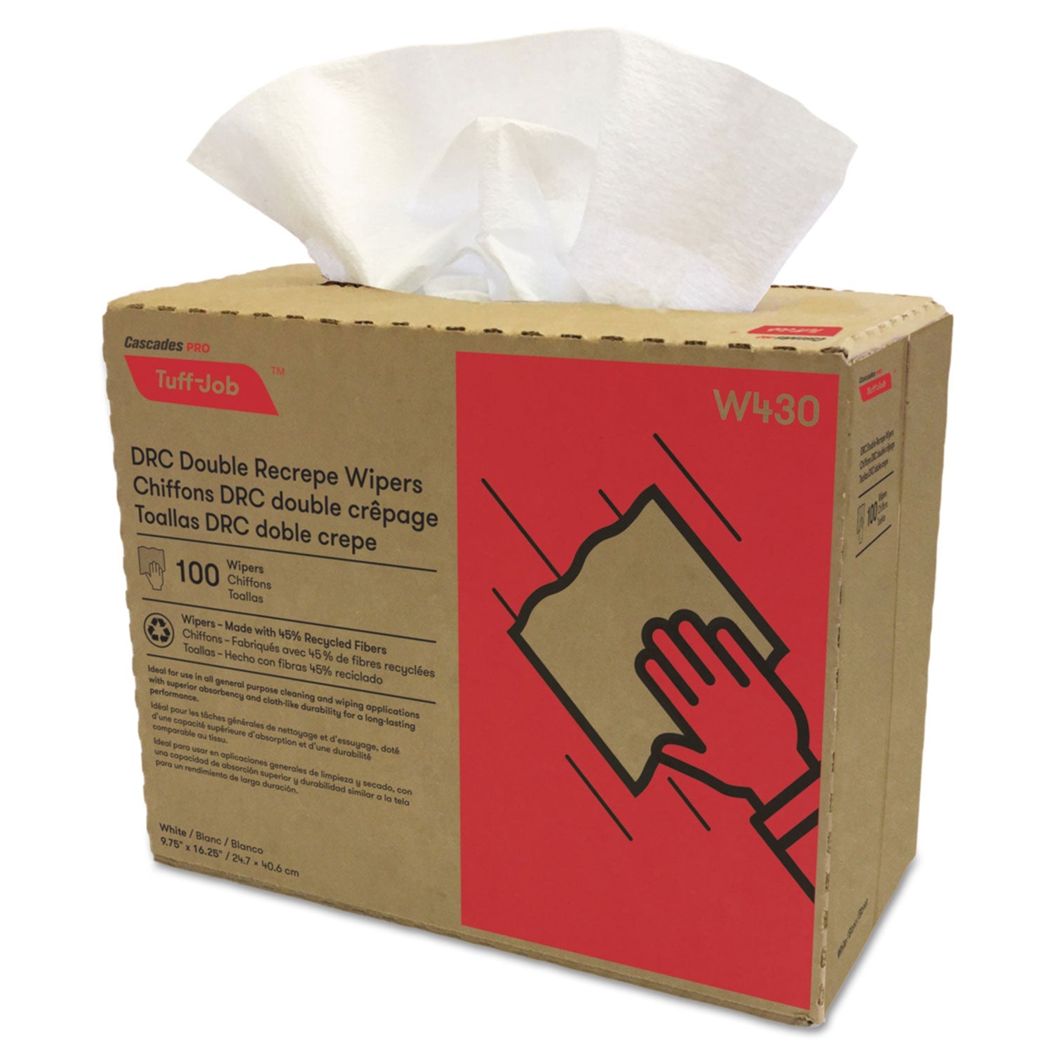 Cascades PRO Tuff-Job Double Recrepe Wipers, 9.75 x 16.5, White, 100/Box, 8 Box/Carton