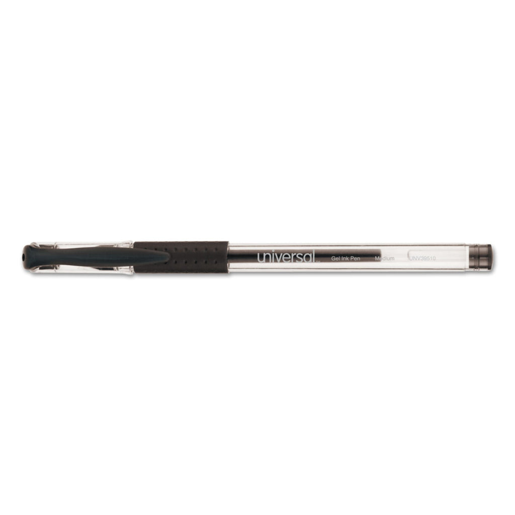 Universal Comfort Grip Gel Pen, Stick, Medium 0.7 mm, Black Ink, Clear Barrel, Dozen
