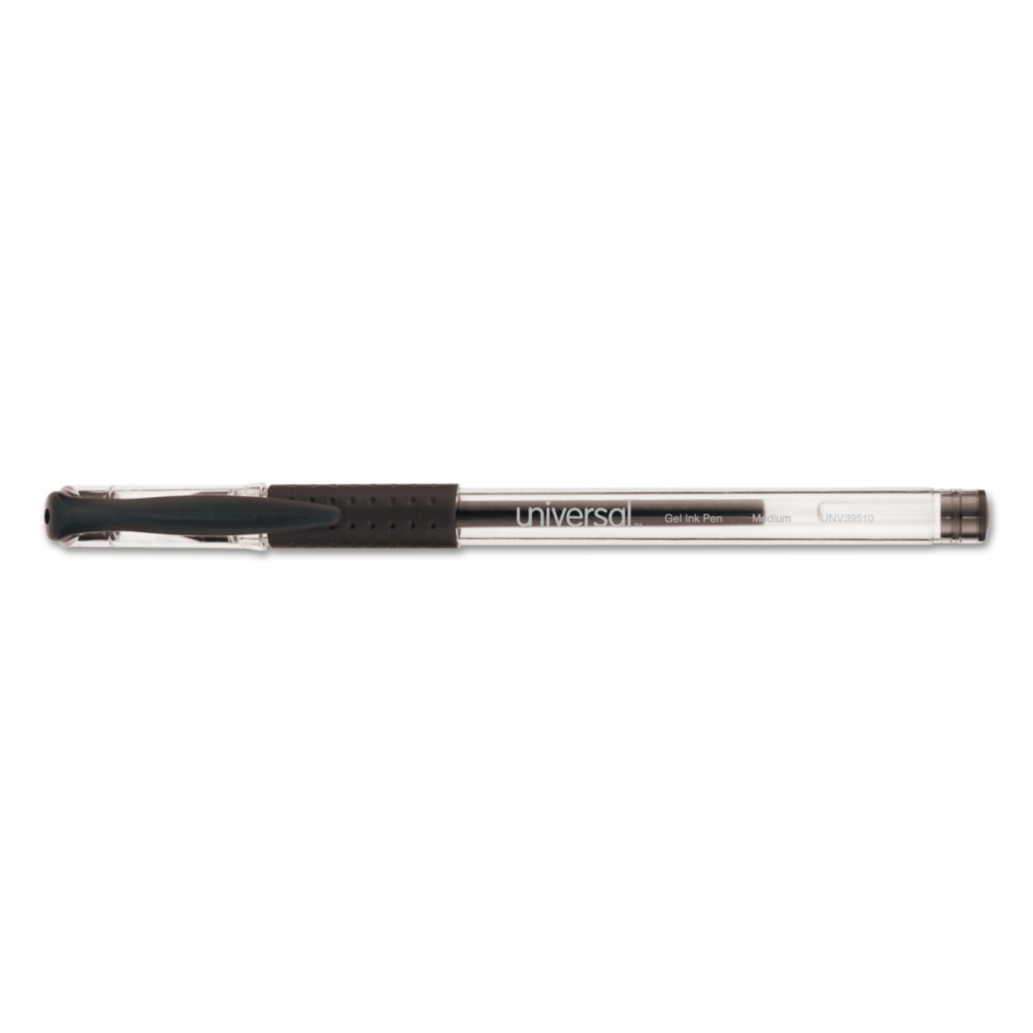 Universal Comfort Grip Gel Pen, Stick, Medium 0.7 mm, Black Ink, Clear Barrel, Dozen