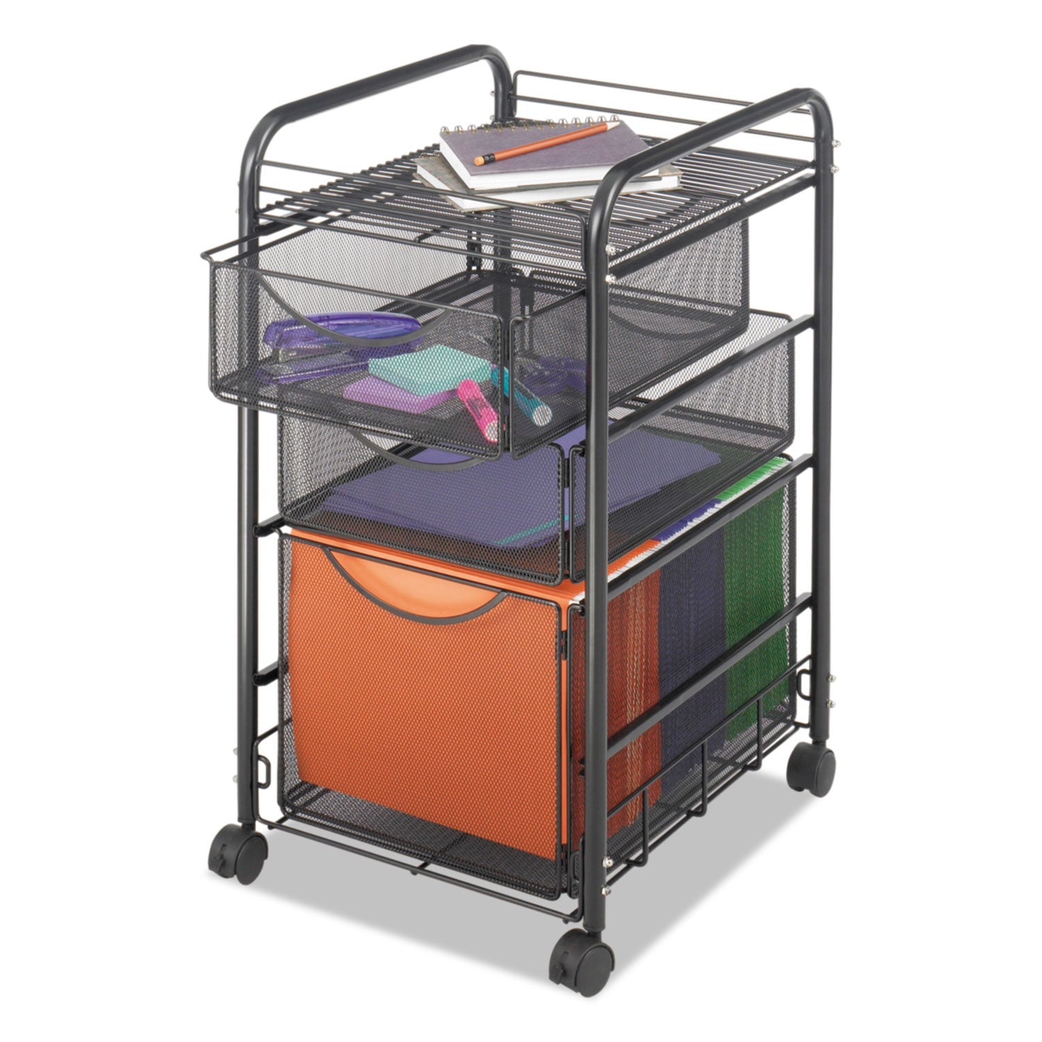 Safco Onyx Mesh Mobile File with Two Supply Drawers, Metal, 1 Shelf, 3 Drawers, 15.75" x 17" x 27", Black