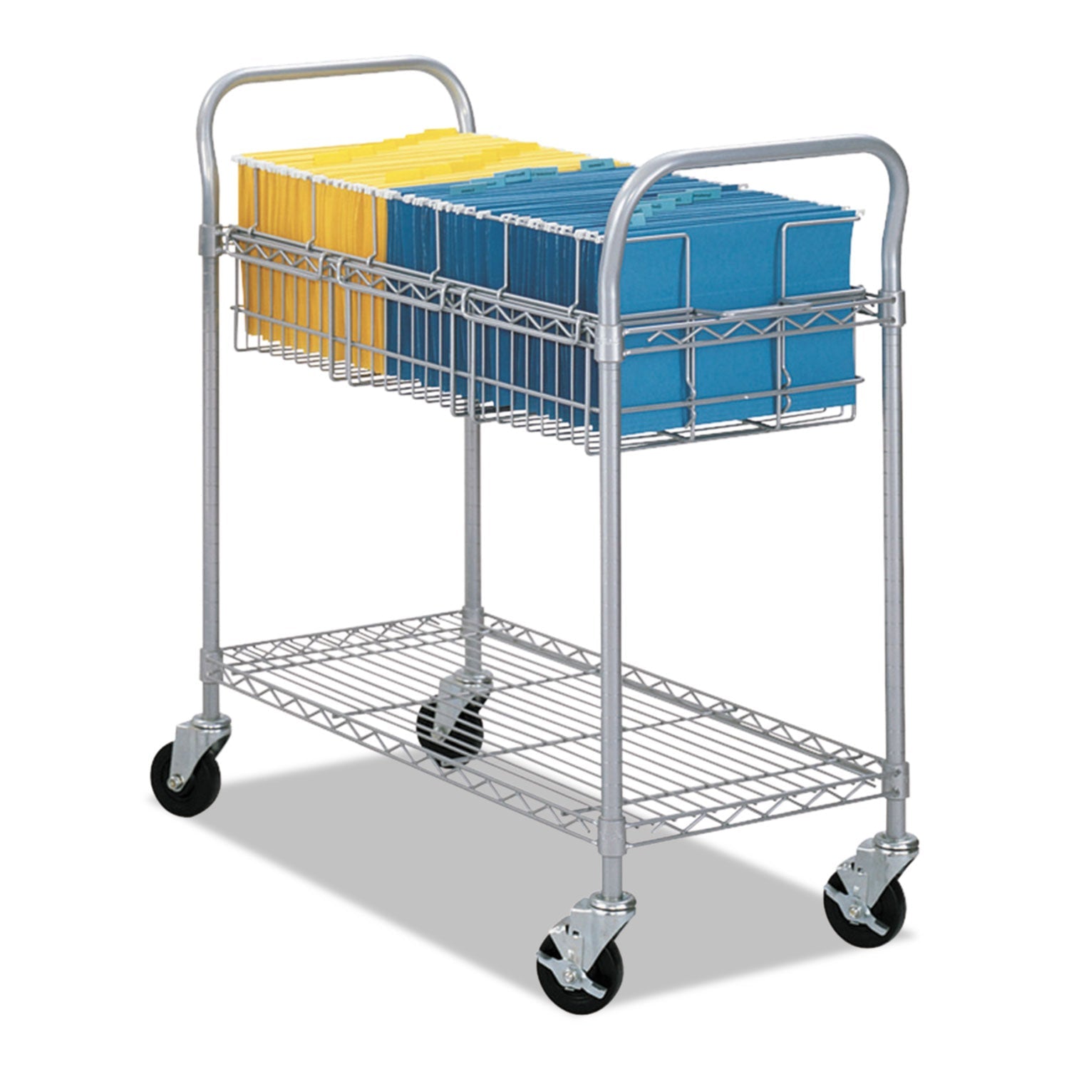 Safco Dual-Purpose Wire Mail and Filing Cart, Metal, 1 Shelf, 1 Bin, 39" x 18.75" x 38.5", Metallic Gray