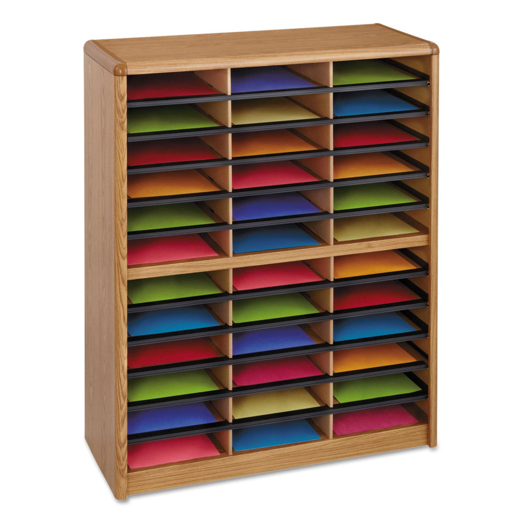Safco Steel/Fiberboard Literature Sorter, 36 Compartments, 32.25 x 13.5 x 38, Oak