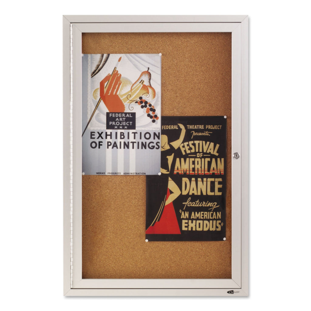 Quartet Enclosed Bulletin Board, Natural Cork/Fiberboard, 24 x 36, Silver Aluminum Frame
