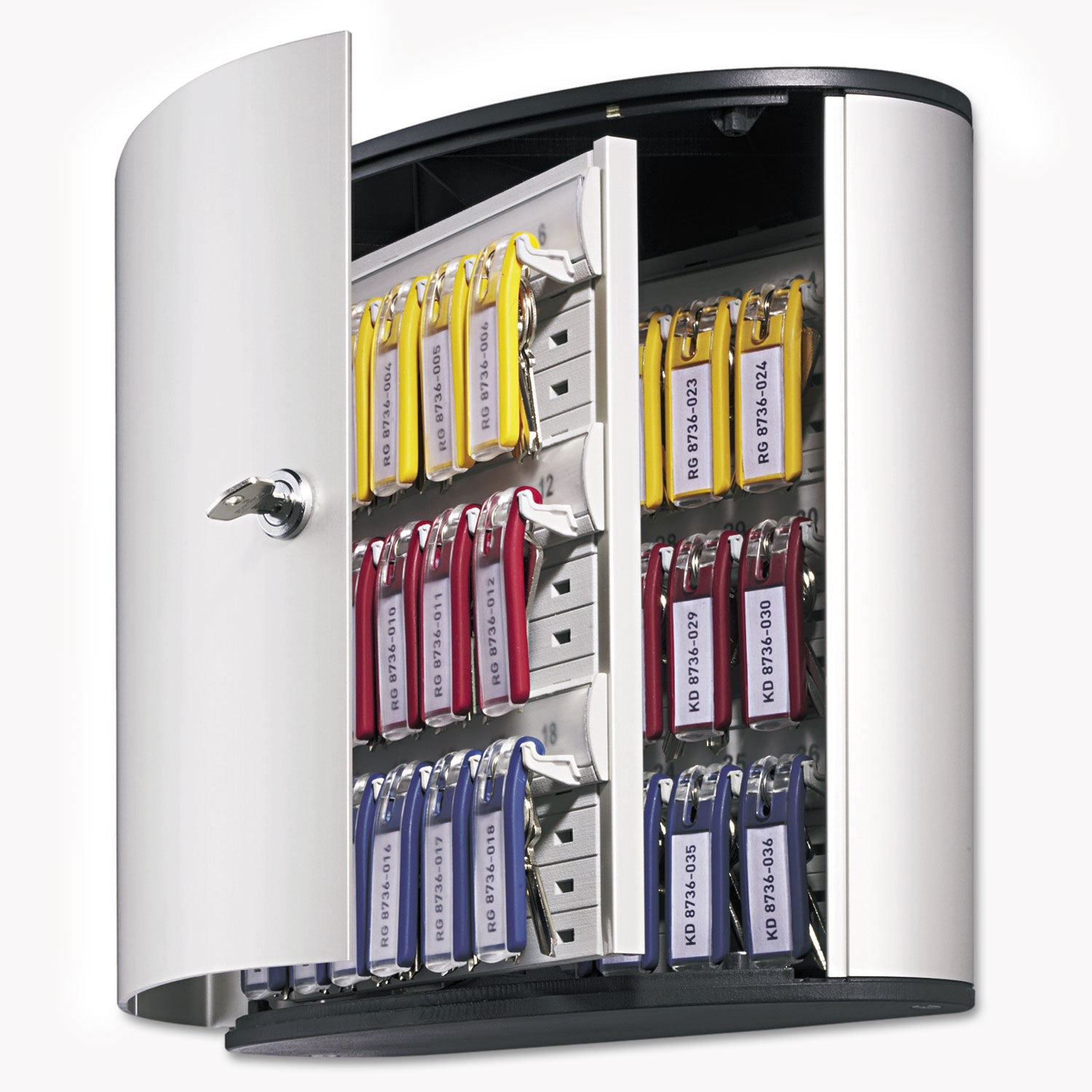 Durable Locking Key Cabinet, 36-Key, Brushed Aluminum, Silver, 11.75 x 4.63 x 11
