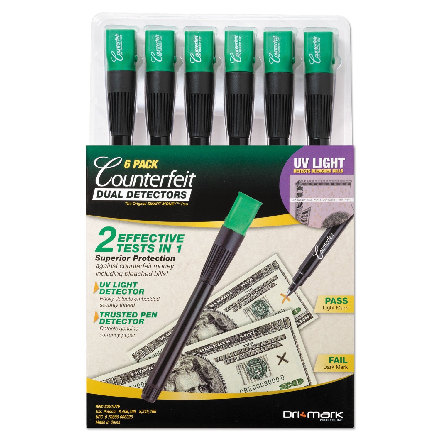Dri-Mark Counterfeit Money Detection System, UV Light; Watermark Detector; Color Change Ink, U.S. Currency, 0.8 x 0.8 x 6, Black/Green