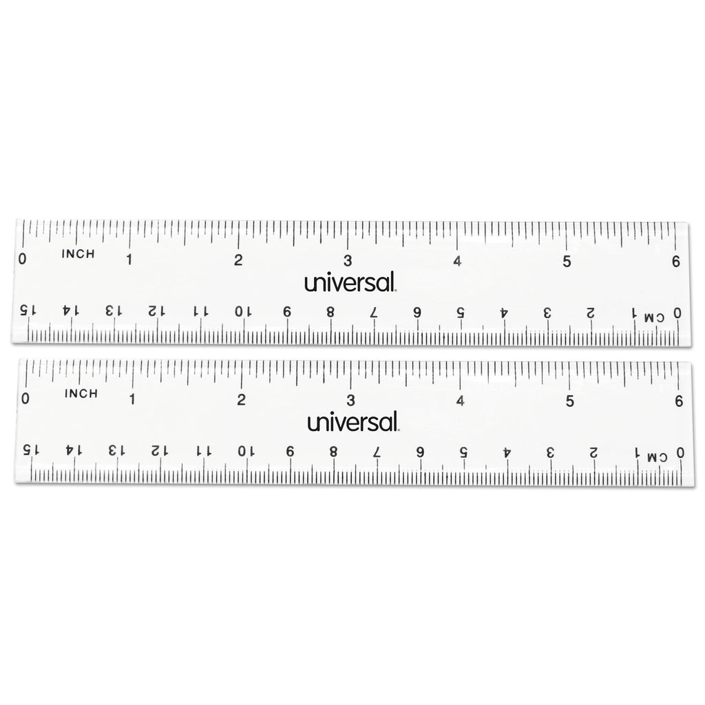Universal Clear Plastic Ruler, Standard/Metric, 6" Long, Clear, 2/Pack
