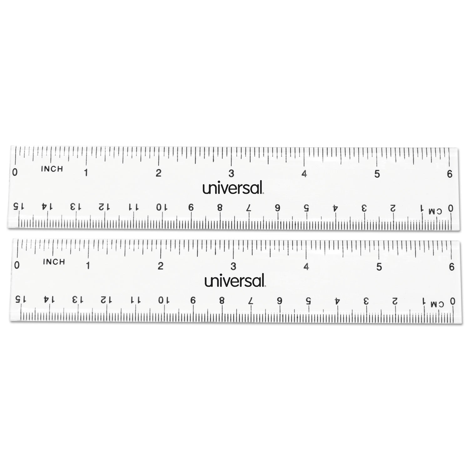 Universal Clear Plastic Ruler, Standard/Metric, 6" Long, Clear, 2/Pack