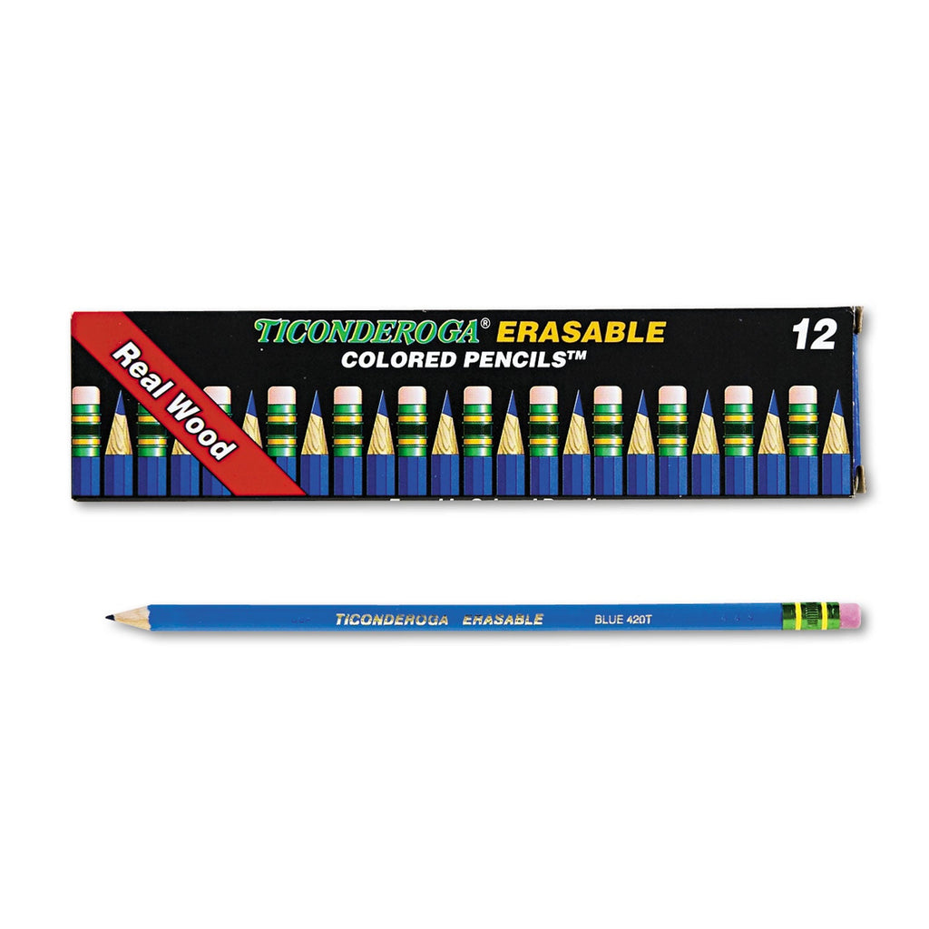 Ticonderoga Erasable Colored Pencils, 2.6 mm, 2B (#1), Blue Lead, Blue Barrel, Dozen