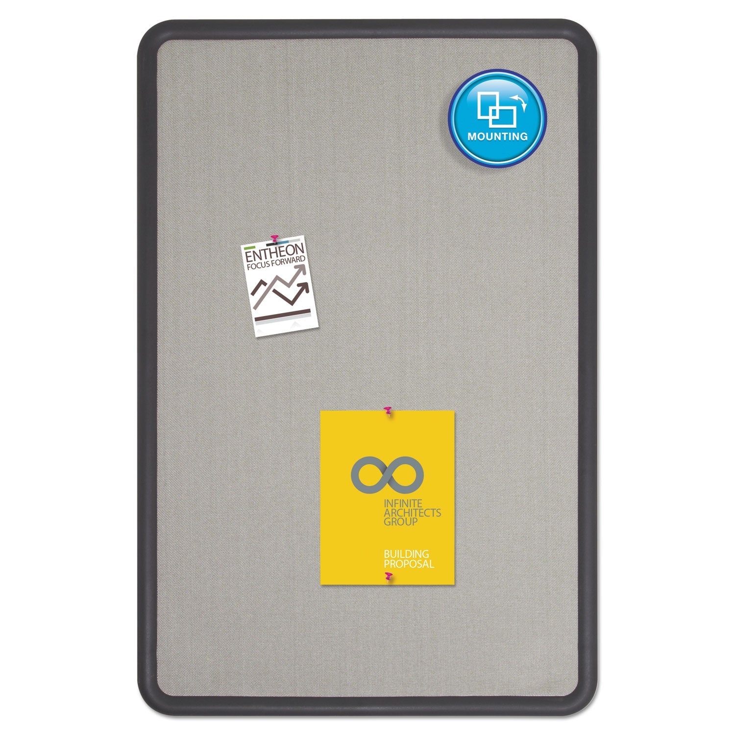 Quartet Contour Fabric Bulletin Board, 36 x 24, Gray Surface, Black Plastic Frame