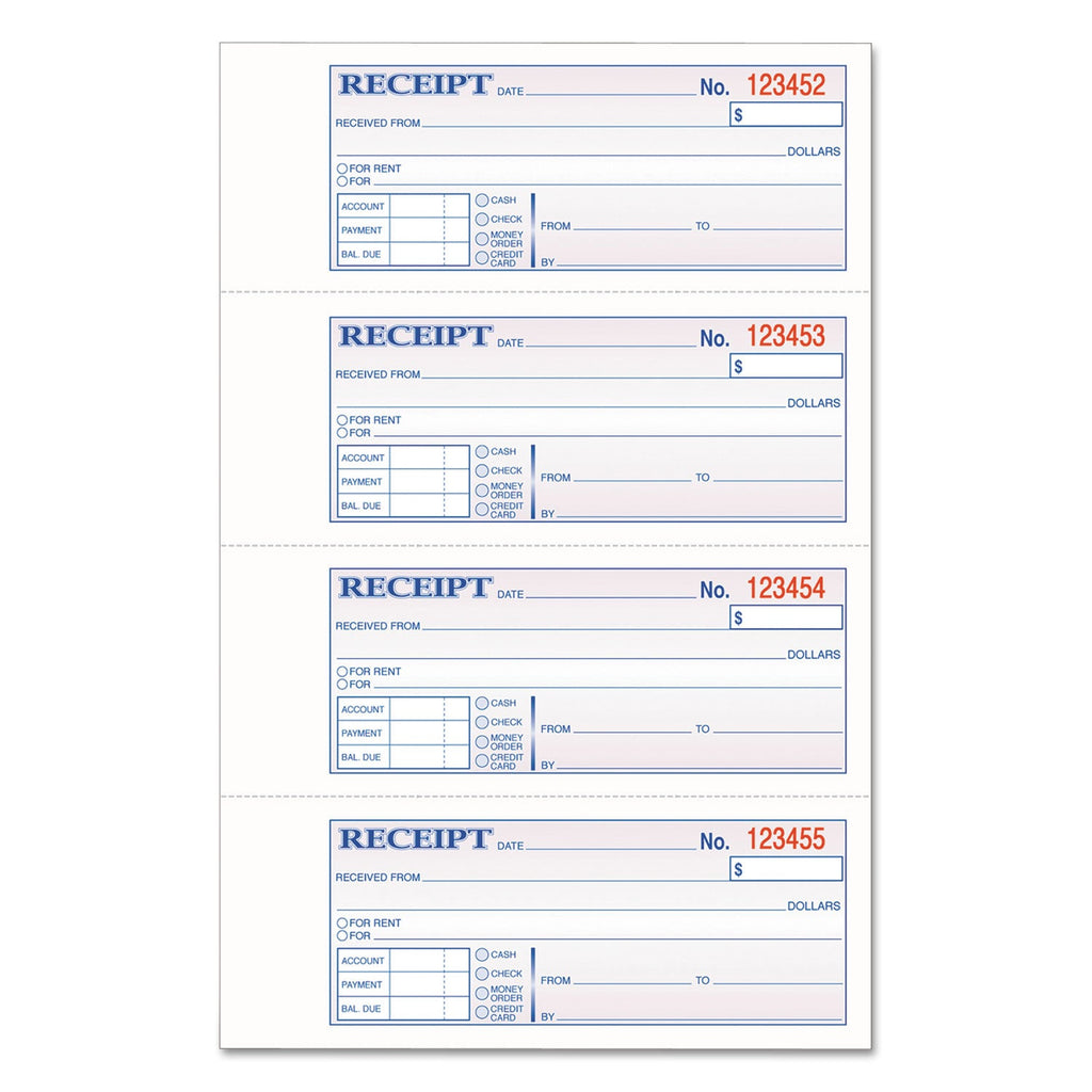 Adams TOPS 3-Part Hardbound Receipt Book, Three-Part Carbonless, 7 x 2.75, 4/Page, 200 Forms
