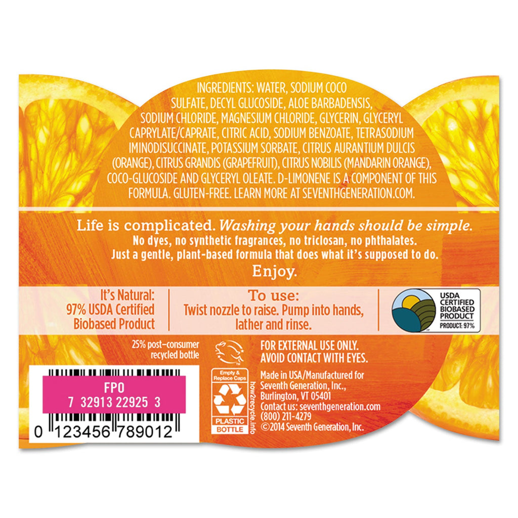 Seventh Generation Natural Hand Wash, Mandarin Orange and Grapefruit, 12 oz Pump Bottle, 8/Carton