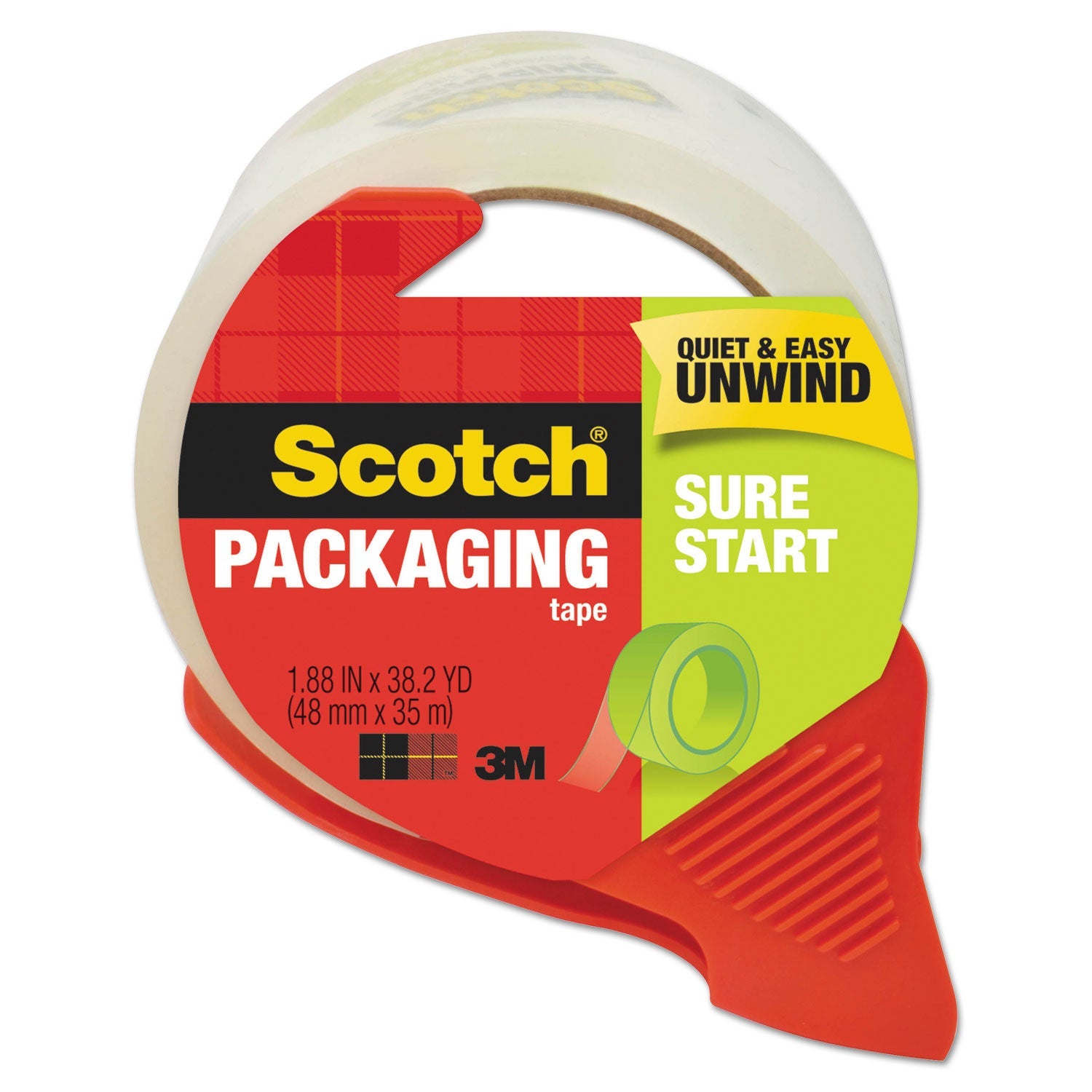 Scotch Sure Start Packaging Tape with Dispenser, 3" Core, 1.88" x 38.2 yds, Clear
