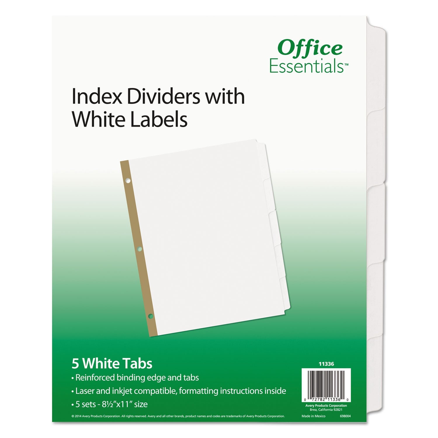 Office Essentials Index Dividers with White Labels, 5-Tab, 11 x 8.5, White, 5 Sets