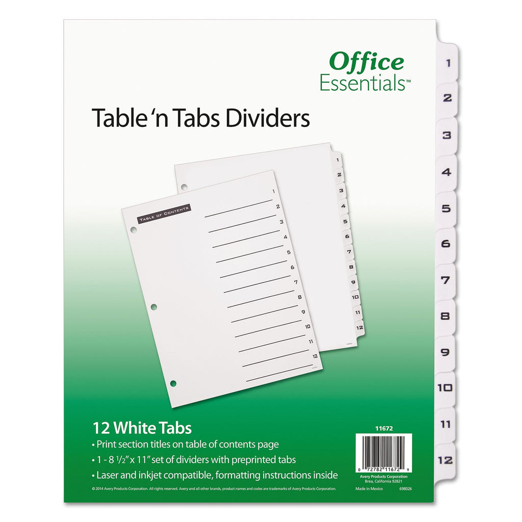 Office Essentials Table 'n Tabs Dividers, 12-Tab, 1 to 12, 11 x 8.5, White, White Tabs, 1 Set